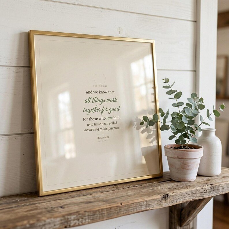 Romans 8:28 farmhouse scripture wall art print featuring All Things Work Together for Good bible verse in elegant calligraphy script and warm sage green tones on linen textured background. Christian home decor printable with laurel wreath motif, perfect as baptism gift, housewarming gift, or bedroom wall art. Digital download, high resolution 300 DPI.
