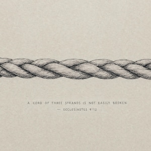 Detailed close-up of the hand-drawn Cord of Three Strands sketch showing the intertwined three-strand braid with hand-lettered Ecclesiastes 4:12 caption beneath. Premium pencil-and-ink art for digital download, Christian wedding wall art, marriage anniversary print.