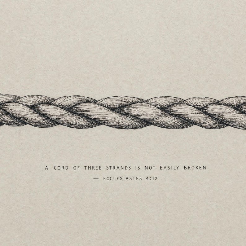 Detailed close-up of the hand-drawn Cord of Three Strands sketch showing the intertwined three-strand braid with hand-lettered Ecclesiastes 4:12 caption beneath. Premium pencil-and-ink art for digital download, Christian wedding wall art, marriage anniversary print.