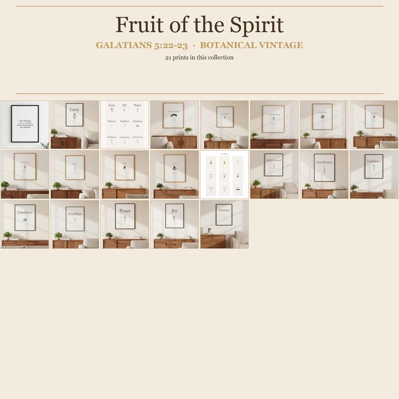 TheFramedVerse Fruit of the Spirit collection — 21 Galatians 5:22-23 botanical vintage Christian wall art prints featuring Love, Joy, Peace, Patience, Kindness, Goodness, Faithfulness, Gentleness, and Self Control in modern minimalist scripture format. Mega Bundle digital download.