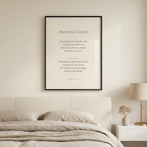 Custom Christian Hymn Art hung above neutral bedroom headboard with brass lamp - calm devotional. Custom Christian Hymn Art Print, personalized hymn lyrics wall art, modern Christian wall art digital download, scripture print, pastor appreciation gift, Bible verse art, customized Christian artwork, printable hymn poster