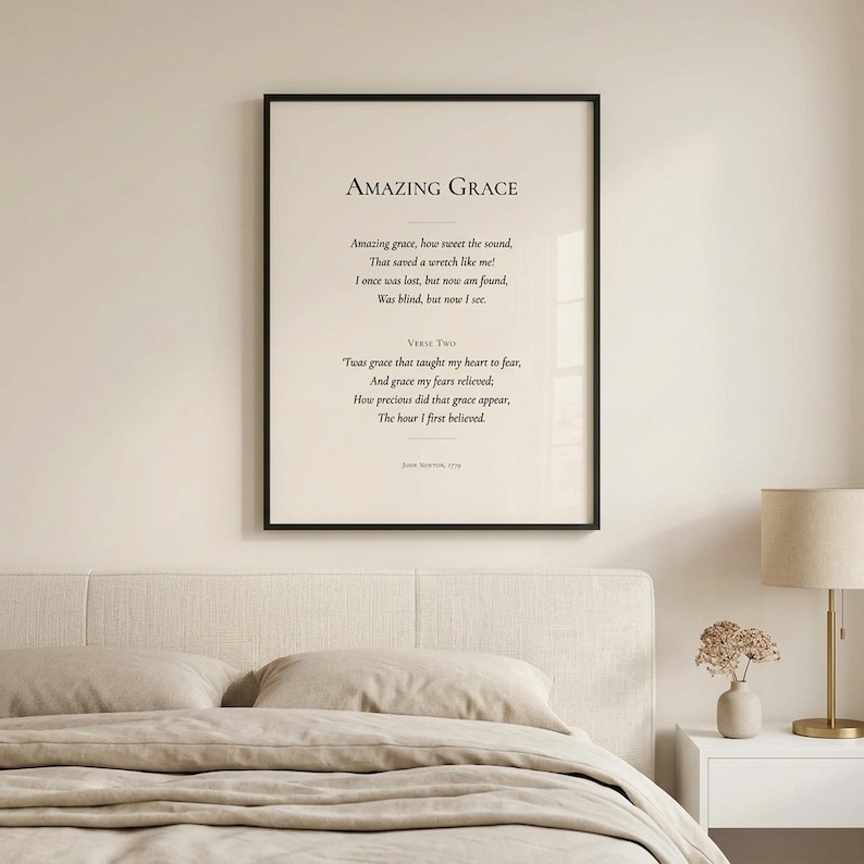 Custom Christian Hymn Art hung above neutral bedroom headboard with brass lamp - calm devotional. Custom Christian Hymn Art Print, personalized hymn lyrics wall art, modern Christian wall art digital download, scripture print, pastor appreciation gift, Bible verse art, customized Christian artwork, printable hymn poster