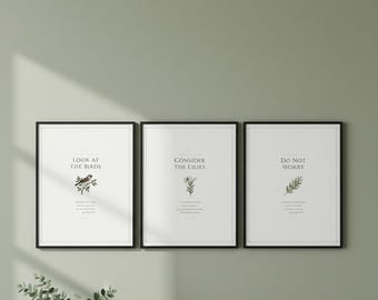 Kijk naar de vogels Matthew 6:26 muurkunst set van 3 overweeg de lelies schrift print Christian salie groen decor downloaden