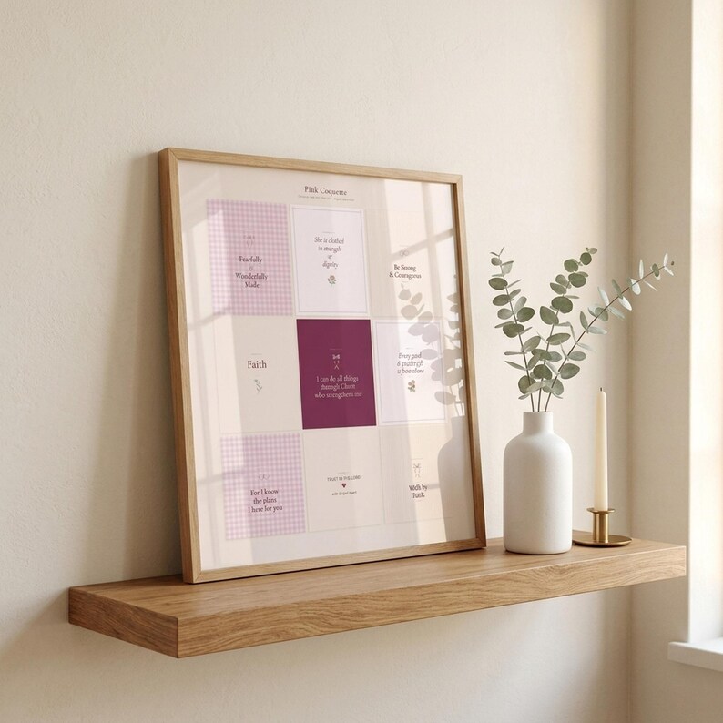 Coquette Christian Wall Art MEGA BUNDLE 27 Prints Bible Verse Scripture Gallery  — room setting mockup in cozy living space with complementary decor. This sage green, coquette bow, navy blue, pink blush christian scripture wall art print features beautiful serif typography on warm cream background. digital download printable for home office bedroom living room gallery wall decor. Perfect christ...