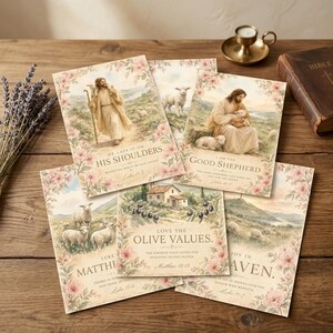 Good Shepherd watercolor scripture print bundle — 6 christian wall art prints stacked showing soft pastel cream sage blush palette, cherry blossom borders, and serif Bible verse typography. Bible verse set digital download for faith home, christian gift, gallery wall bundle.