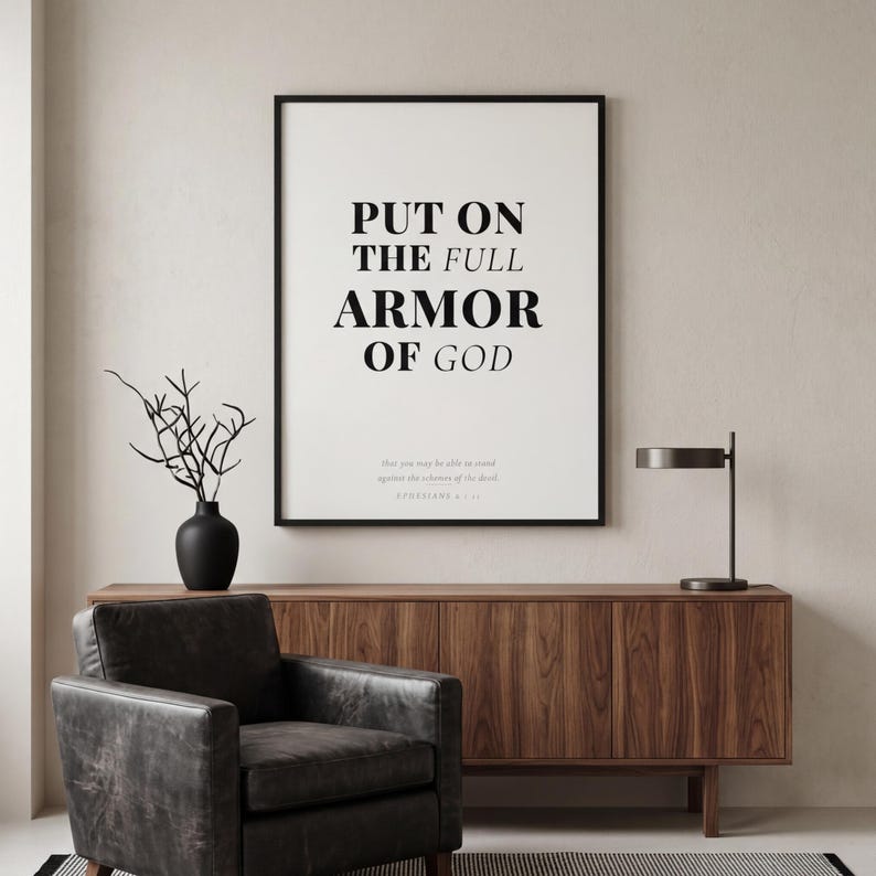 Christian Wall Art Bundle 25 Scripture Prints Bible Verse Printable Gallery Wall Set, in curated gallery wall collection of coordinated Christian scripture prints in matching aesthetic, displayed in a bright modern entryway next to a coat rack with natural greenery, serving as welcoming faith-filled home decor