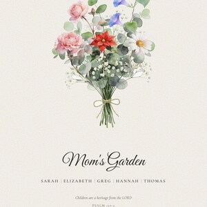 Clean front view of a personalized Christian Birth Flower Family Bouquet Canvas. Five watercolor stems represent five family birth months above matching names and the title Mom's Garden, followed by Children are a heritage from the LORD and Psalm 127:3. The vertical artwork clearly shows the botanical detail, typography and optional Scripture before printing on a 16x20 stretched canvas.
