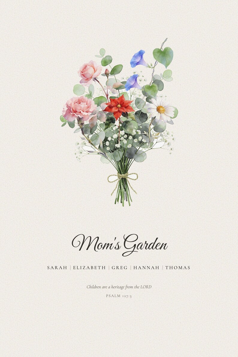 Clean front view of a personalized Christian Birth Flower Family Bouquet Canvas. Five watercolor stems represent five family birth months above matching names and the title Mom's Garden, followed by Children are a heritage from the LORD and Psalm 127:3. The vertical artwork clearly shows the botanical detail, typography and optional Scripture before printing on a 16x20 stretched canvas.