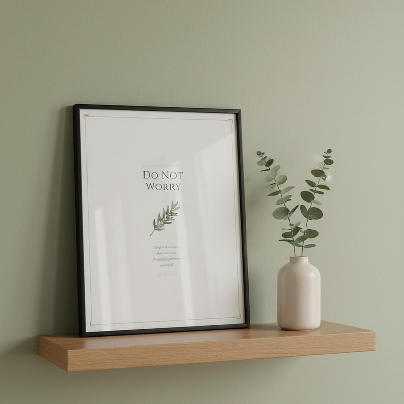 Do Not Worry Matthew 6:34 scripture print in rustic white wood frame on oak console shelf beside ceramic vase with sage eucalyptus stems and dried pampas grass, soft afternoon light, sage bible print botanical christian wall art digital download by TheFramedVerse, elegant bible print gift