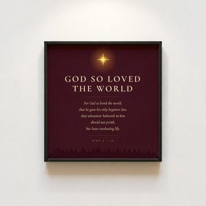 John 3:16 God So Loved flat lay, black frame, deep burgundy background with gold star and Bethlehem city silhouette, christian christmas wall art