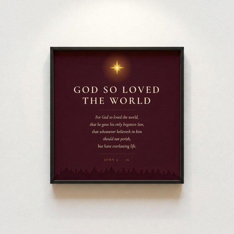 John 3:16 God So Loved flat lay, black frame, deep burgundy background with gold star and Bethlehem city silhouette, christian christmas wall art