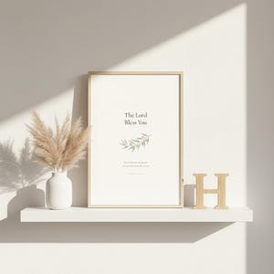 The Lord Bless You Numbers 6 24 26 Nursery Bible Verse Print Christian Wall Art, in gentle sage green nursery design with soft botanical watercolor illustration and calming earth tones, presented showing all included print sizes — 5x7, 8x10, 11x14, 16x20, A4 and A3 — each in crisp JPG and PDF format at professional 300 DPI resolution for sharp printing at home or any local print shop