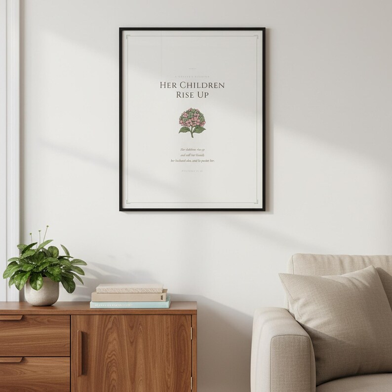 Mothers Day Scripture Set of 3 Christian Wall Art Proverbs 31 Psalm 46 Bible, in gentle sage green nursery design with soft botanical watercolor illustration and calming earth tones, presented as an elegant flat lay on white marble with a fountain pen and eucalyptus sprig, showing the complete print design in full detail
