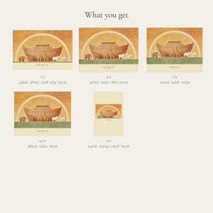 What you get overview for Noah and the Ark and Genesis 7:9. The digital purchase includes high-resolution JPEG artwork in 3:2, 4:3, 5:4, 14:11, and 2:3 portrait formats, plus a PDF size guide. The layout previews the horizontal and portrait options so buyers can match the correct file to a chosen frame.