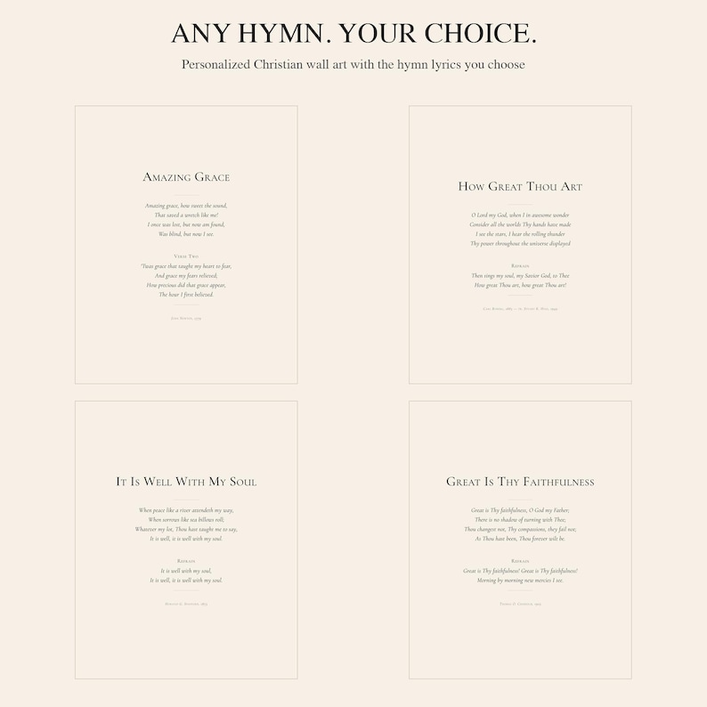 Custom Christian Hymn Art Print Showcase - 4 personalized hymn lyrics examples. Custom Christian Hymn Art Print, personalized hymn lyrics wall art, modern Christian wall art digital download, scripture print, pastor appreciation gift, Bible verse art, customized Christian artwork, printable hymn poster