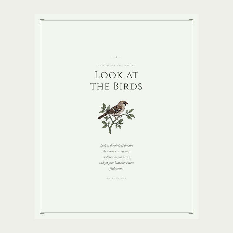 Look at the Birds Matthew 6 26 Scripture Print design detail flat lay, sermon on the mount botanical sparrow illustration, christian wall art aesthetic floral scripture sage green