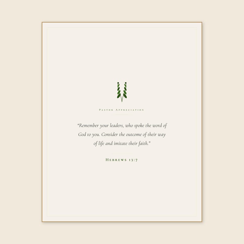 Hebrews 13:7 Remember Your Leaders print framed in light oak above a dark leather armchair, cream linen throw and open Bible on side table, warm afternoon light, refined christian home office decor, pastor appreciation wall art instant digital download from TheFramedVerse Etsy shop, pastor church leader gift