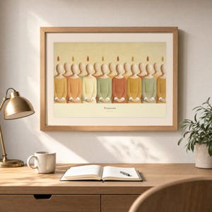 Desk mockup of Pentecost in a light oak frame above a wooden workspace with a brass lamp, ceramic mug, open notebook, pen, and leafy plant. The artwork shows a row of faceless apostles standing shoulder to shoulder, each with a small flame above the head. Angled sunlight, neutral styling, and cream matting place the Bible story print in a quiet study or home office setting.