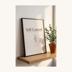 Fruit of the Spirit Self-Control Bible Verse Wall Art on shelf with eucalyptus and olive branch, Galatians 5:22 botanical aesthetic christian floral scripture set of 9 minimalist gallery