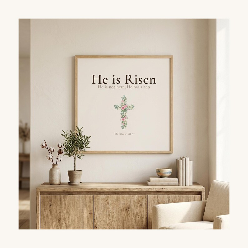 Easter He is Risen Scripture Art Set, Floral Cross Bible Verse Prints, — "He is not here; He has risen, just as He said", in beautiful floral cross composed of spring roses, greenery and wildflowers, presented as an elegant flat lay on white marble with a fountain pen and eucalyptus sprig, showing the complete print design in full detail