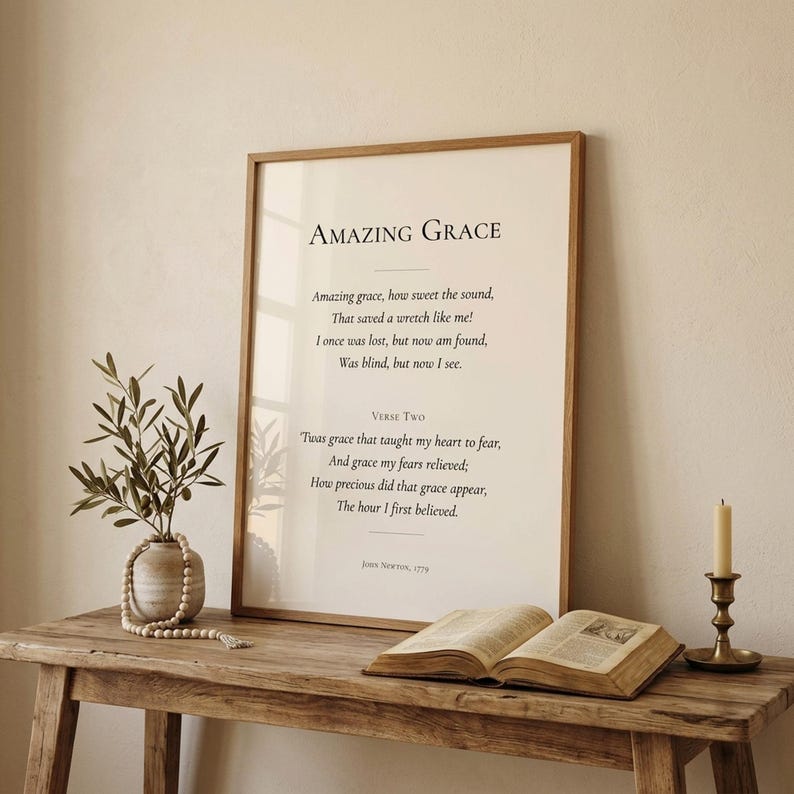 Custom Christian Hymn Art on rustic console with open Bible olive branch and brass candle. Custom Christian Hymn Art Print, personalized hymn lyrics wall art, modern Christian wall art digital download, scripture print, pastor appreciation gift, Bible verse art, customized Christian artwork, printable hymn poster