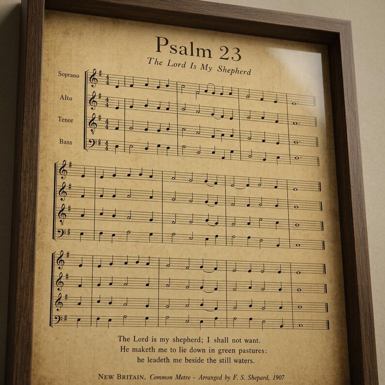 Extreme close-up macro of Psalm 23 psalm 23 print on premium archival matte paper, showing paper texture, ink saturation, crystal-clear typography in tack-sharp focus, frame edge barely visible at corner, editorial product detail shot, psalms 23 instant digital download TheFramedVerse Etsy Digital download from TheFramedVerse on Etsy, instant scripture art.