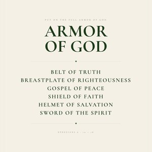 Hero view of the framed design, clearly showing the verse lettering, balanced spacing, and refined color palette. The Armor of God artwork features Ephesians 6 in bold minimalist forest green typography on warm beige. This Armor of God print suits a boys room, confirmation gift, baptism, Sunday school space, or Christian bedroom as printable digital wall art.