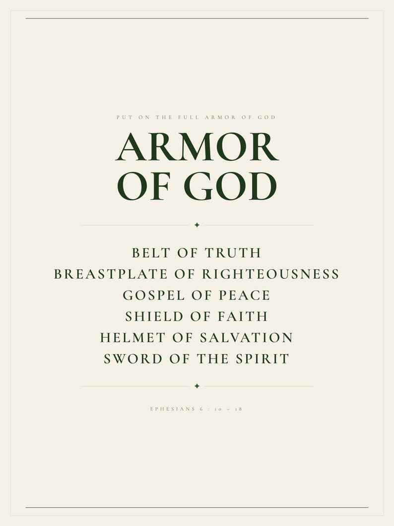 Hero view of the framed design, clearly showing the verse lettering, balanced spacing, and refined color palette. The Armor of God artwork features Ephesians 6 in bold minimalist forest green typography on warm beige. This Armor of God print suits a boys room, confirmation gift, baptism, Sunday school space, or Christian bedroom as printable digital wall art.