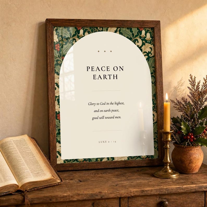 Peace on Earth Scripture Print | Luke 2:14 Christmas Wall Art | William Morris Botanical Nativity Printable image 7
