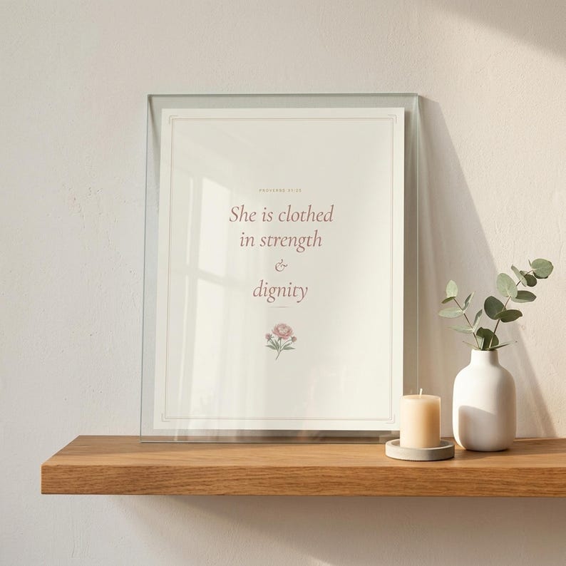 She Is Clothed in Strength and Dignity Proverbs 31 25 Wall Art Coquette Christia — room setting mockup in cozy living space with complementary decor. This coquette bow, botanical, pink blush christian scripture wall art print features beautiful serif typography on warm cream background. Proverbs 31 25 bible verse digital download printable for home office bedroom living room gallery wall decor....