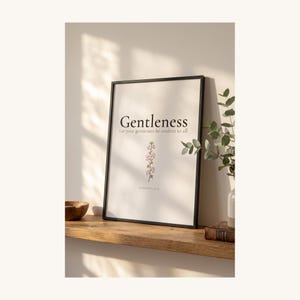 Fruit of the Spirit Gentleness Bible Verse Wall Art on shelf with greenery, Galatians 5:22 cherry blossom botanical illustration aesthetic christian floral scripture, Let your gentleness be evident set of 9 print