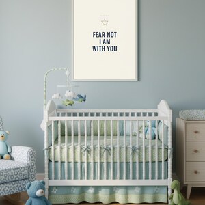 Fear Not I Am With You Isaiah 41:10 Wall Art Christian Boys Room Print Scripture — shelf mockup leaning on wood shelf with decorative items. This elegant christian scripture wall art print features beautiful serif typography on warm cream background. Isaiah 41:10 bible verse digital download printable for home office bedroom living room gallery wall decor. Perfect christian gift idea from TheFr...