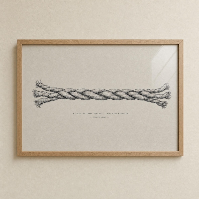 Front view of the Cord of Three Strands print in a warm oak wood frame on a cream wall, glass reflection visible. Pencil-sketch braided rope illustration with Ecclesiastes 4:12 reference. Modern Christian wedding bible verse wall art for instant digital download.