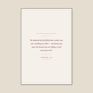 1 Peter 5:2 Be Shepherds of God's Flock scripture print in thin black metal frame, frontal view on off-white textured wall, modern minimalist styling, soft top light casting gentle shadow below frame, clean e-commerce hero photograph, pastor appreciation christian wall art digital download, pastor office decor from TheFramedVerse on Etsy