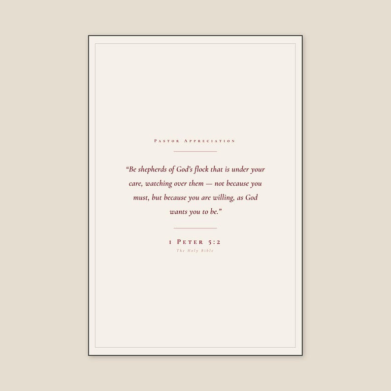 1 Peter 5:2 Be Shepherds of God's Flock scripture print in thin black metal frame, frontal view on off-white textured wall, modern minimalist styling, soft top light casting gentle shadow below frame, clean e-commerce hero photograph, pastor appreciation christian wall art digital download, pastor office decor from TheFramedVerse on Etsy