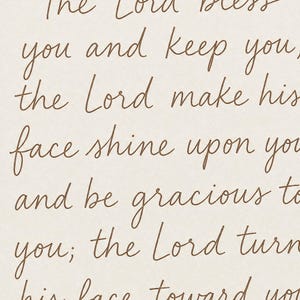 Detailed close-up of the hand-lettered Numbers 6:24-26 Aaronic blessing typography showing the terracotta 'The Lord bless you' hand-script and classical serif body text on cream paper. Premium hand-lettered Bible verse art print, modern Christian wedding wall decor, instant digital download.