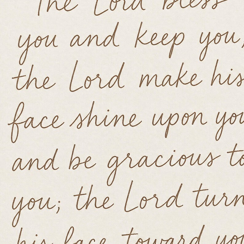 Detailed close-up of the hand-lettered Numbers 6:24-26 Aaronic blessing typography showing the terracotta 'The Lord bless you' hand-script and classical serif body text on cream paper. Premium hand-lettered Bible verse art print, modern Christian wedding wall decor, instant digital download.