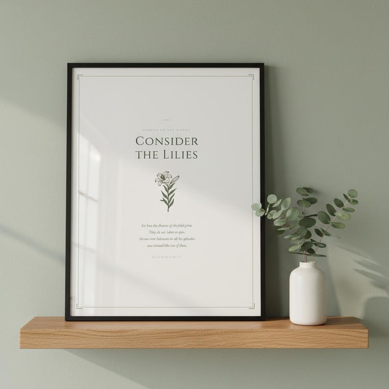 Consider the Lilies Matthew 6 28 Wall Art framed scripture print on oak shelf with greenery, sage green christian aesthetic, sermon on the mount botanical bible verse poster, floral scripture printable wall art