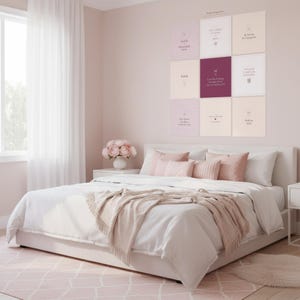 For I Know the Plans I Have for You Jeremiah 29:11 pink blush coquette Christian wall art displayed in a beautiful feminine bedroom setting with soft pillows and warm natural lighting. Part of a coordinated gallery wall set of 9 Bible verse prints. T