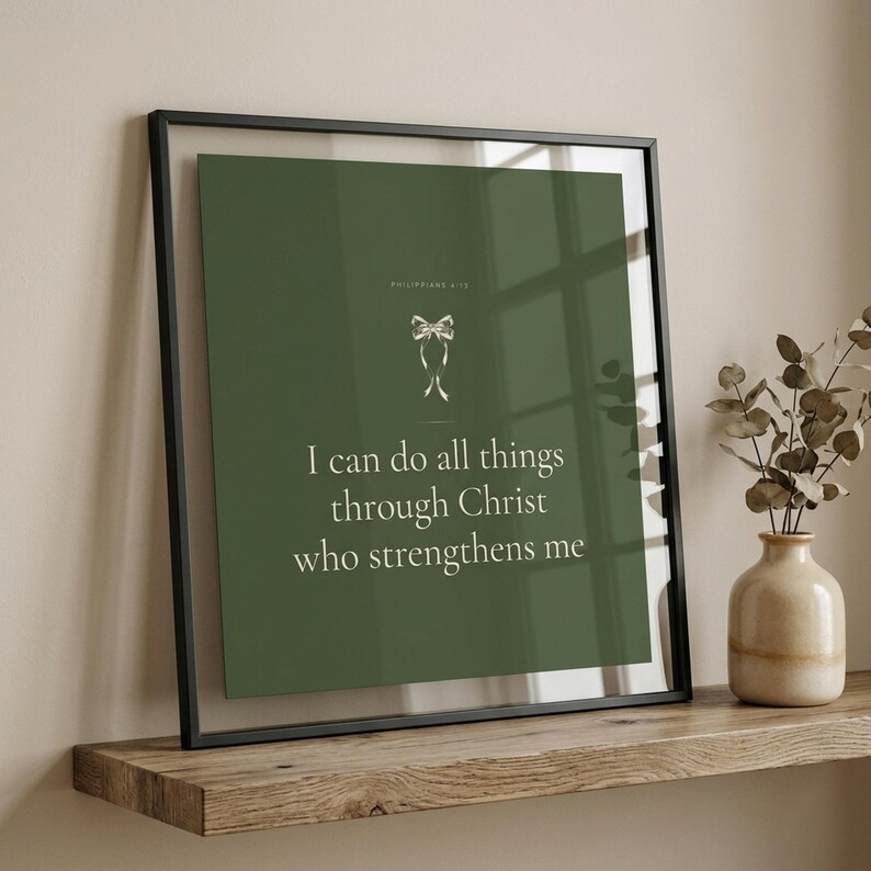 Coquette Christian wall art closeup of I Can Do All Things Through Christ Philippians 4:13 scripture print in sage green coquette style with satin ribbon bow, displayed in sleek black metal frame with glass reflection on wooden floating shelf with eucalyptus in ceramic vase, warm natural light