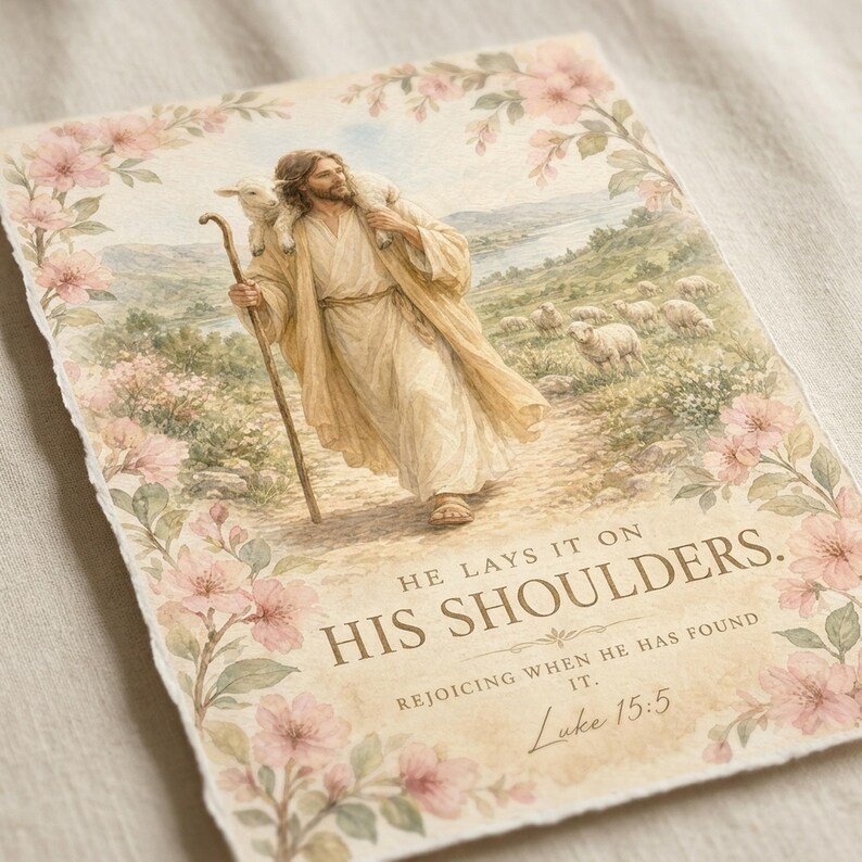 Closeup detail of Luke 15:5 watercolor print He Lays It On His Shoulders, included in the Good Shepherd set of 6 — Jesus carrying the lost lamb on his shoulders with cherry blossom border and elegant serif typography. Christian wall art bible verse digital download.