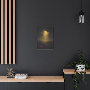 Dark vintage oil painting showing shepherds and their flock around a glowing campfire at night. Through dramatic clouds, heavenly beams illuminate the hills above distant Bethlehem and shape a peaceful, reverent scene. Printed on stretched canvas, this deep blue, brown, and gold Luke 2:14 wall art depicts the Christmas story. This detail view emphasizes the matte canvas surface.