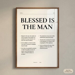 Psalm 1 'Blessed Is The Man' Bible chapter wall art print in a thin walnut frame on a cream plaster wall, with 'Digital Download' badge. Editorial Cormorant Display typography with full Psalm 1 ESV text in 2-column body layout. Modern Christian Father's Day gift, printable from TheFramedVerse on Etsy.