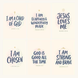 All 6 Modern Kids Christian Bible Verse Affirmation prints in one grid — Child of God, Fearfully & Wonderfully Made, Jesus Loves Me, I Am Chosen, God Is Good All The Time, I Am Strong And Brave. Cohesive cream and navy palette with gold accents. Great baby shower gift, baptism gift, sunday school decor.