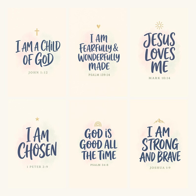 All 6 Modern Kids Christian Bible Verse Affirmation prints in one grid — Child of God, Fearfully & Wonderfully Made, Jesus Loves Me, I Am Chosen, God Is Good All The Time, I Am Strong And Brave. Cohesive cream and navy palette with gold accents. Great baby shower gift, baptism gift, sunday school decor.