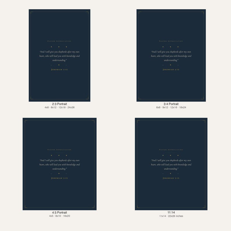 What you get: 4 print sizes of Jeremiah 3:15 Shepherds After My Own Heart pastoral gift digital download — 2:3 ratio (4x6 to 24x36 inches), 3:4 ratio (6x8 to 18x24 inches), 4:5 ratio (4x5, 8x10, 16x20 inches), and 11:14 ratio, plus combined PDF, scripture wall art instant download from TheFramedVerse