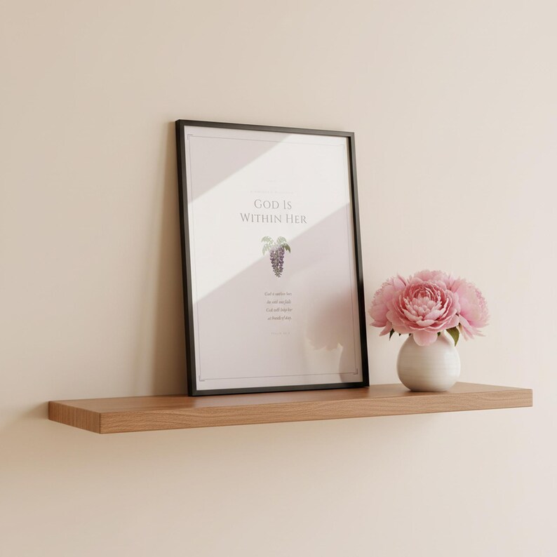 Mothers Day Scripture Set of 3 Christian Wall Art Proverbs 31 Psalm 46 Bible, in gentle sage green nursery design with soft botanical watercolor illustration and calming earth tones, displayed in a calm nursery setting with soft natural light, wooden baby furniture and gentle earth-toned decor creating a tranquil environment