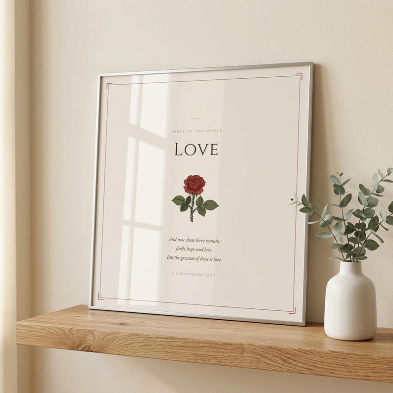 Galatians 5 scripture wall art print — shelf mockup with the print leaning against a wall alongside decorative items like plants and candles This vintage rustic, gallery wall set christian wall art features beautiful typography as a printable bible verse decor piece. Digital download from TheFramedVerse on Etsy, perfect as christian gift idea or home decoration.