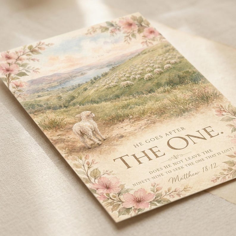 Closeup detail of Matthew 18:12 watercolor print He Goes After the One, part of the Good Shepherd set of 6 — single white sheep among the wildflowers with the ninety and nine parable verse. Christian printable scripture art digital download.