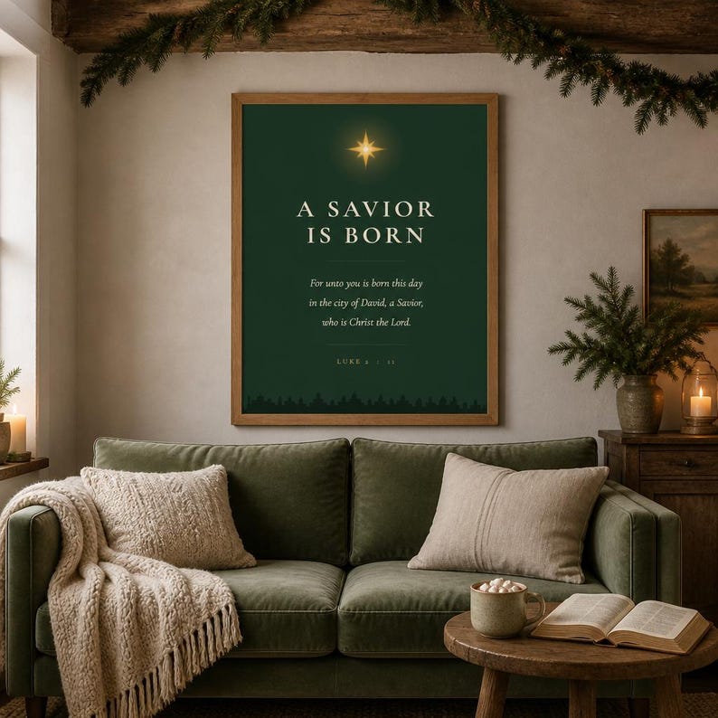 A Savior Is Born Scripture Print | Luke 2:11 Christmas Wall Art | Dark Green Minimalist Nativity Printable image 8